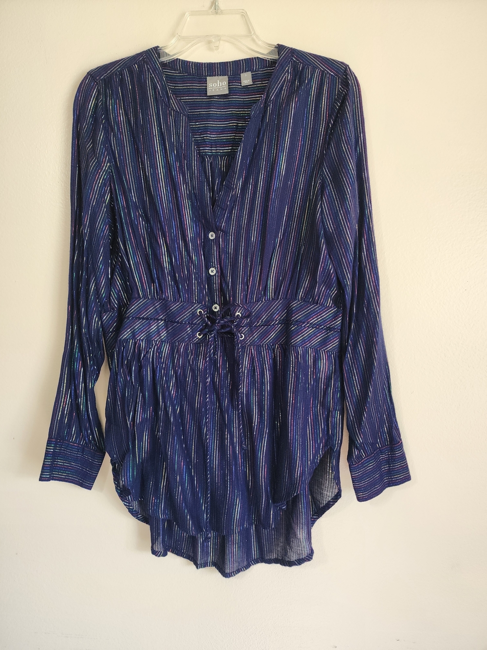 New York & Company Navy Multicolor Stripe Drawstring Tunic